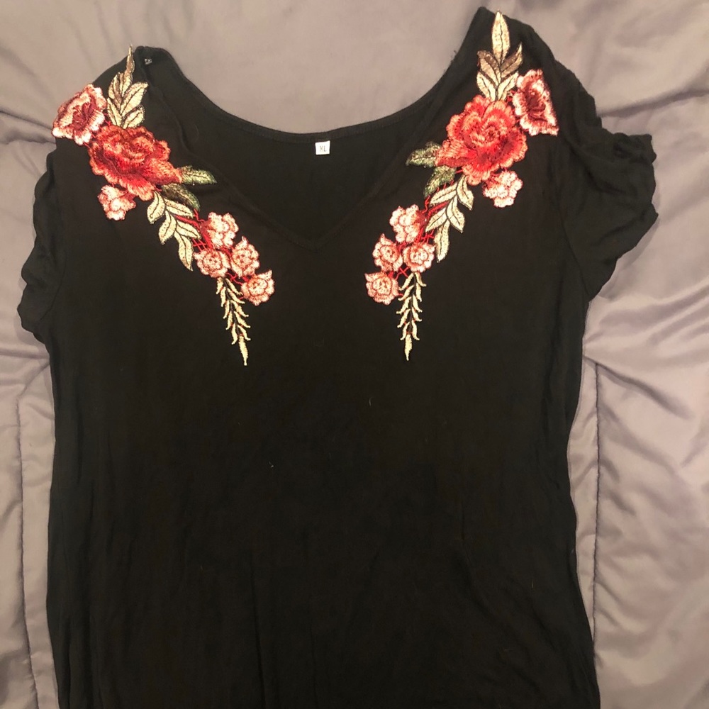 black tee with floral embroidered appliques